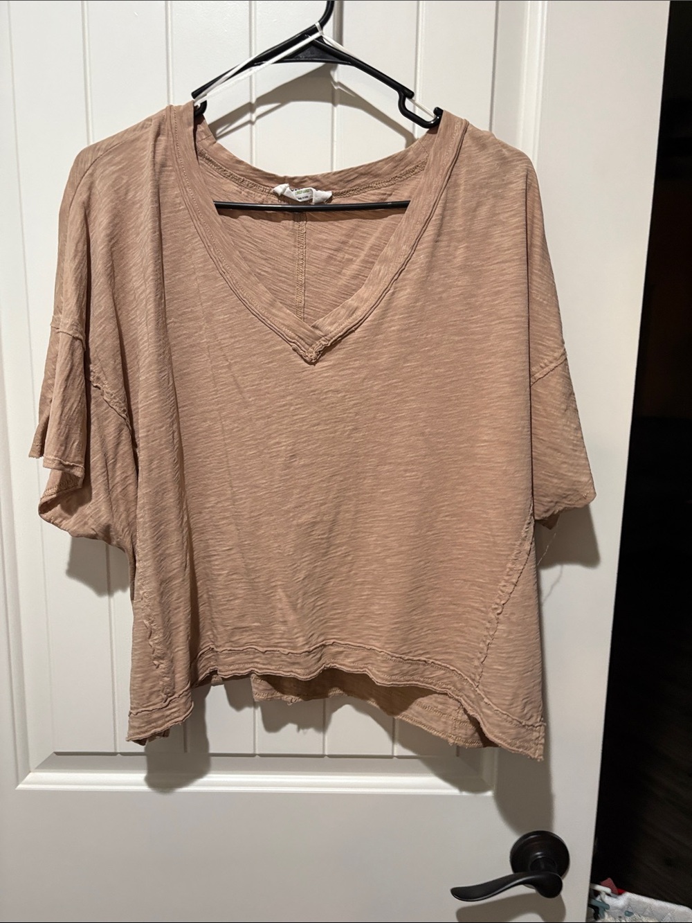 Double Zero Boxy V-Neck Short Sleeve Top - Taupe